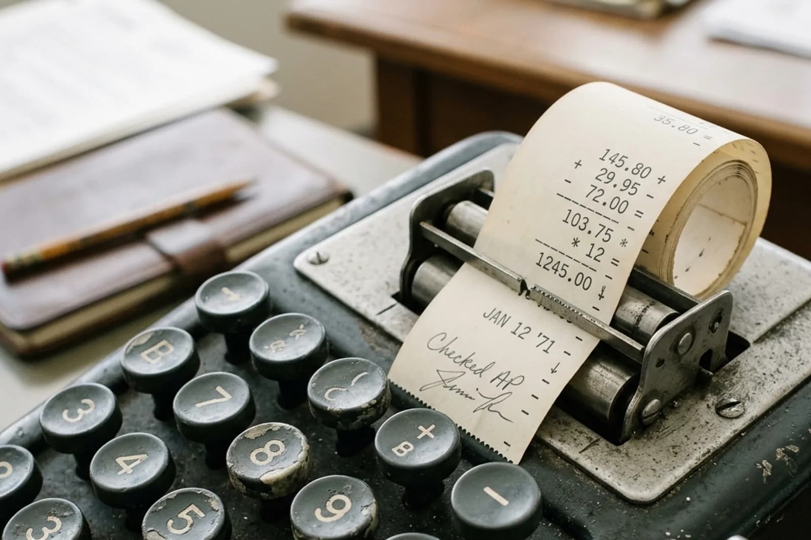 Close detail of the keys and printed paper tape of an old mechanical adding machine.